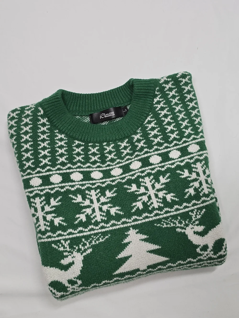 iClosam Green Reindeer Fair Isle Christmas Sweater Size L